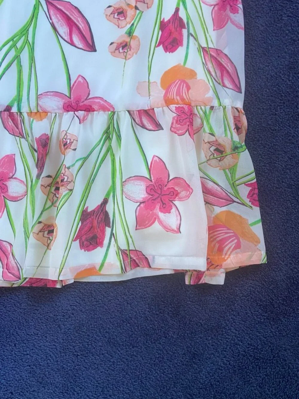 Floral Sleeveless Shift Dress | White Multi Color Print Ruffle Hem - Picture 6 of 8